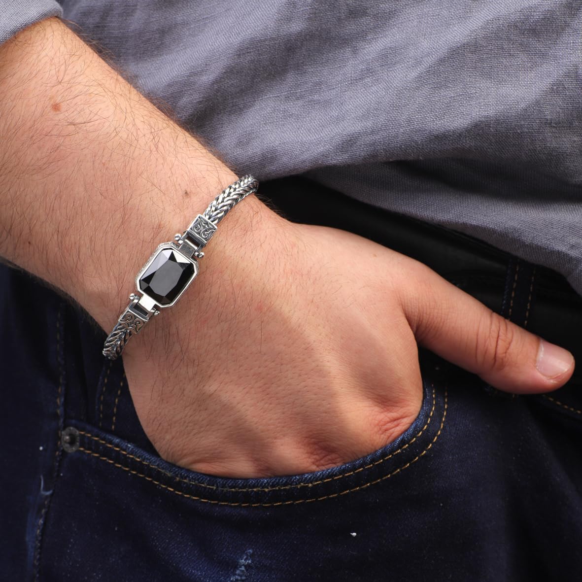 Handmade Gothic Onyx Bracelet – Vintage Sterling Silver Mens Chain Bracelet