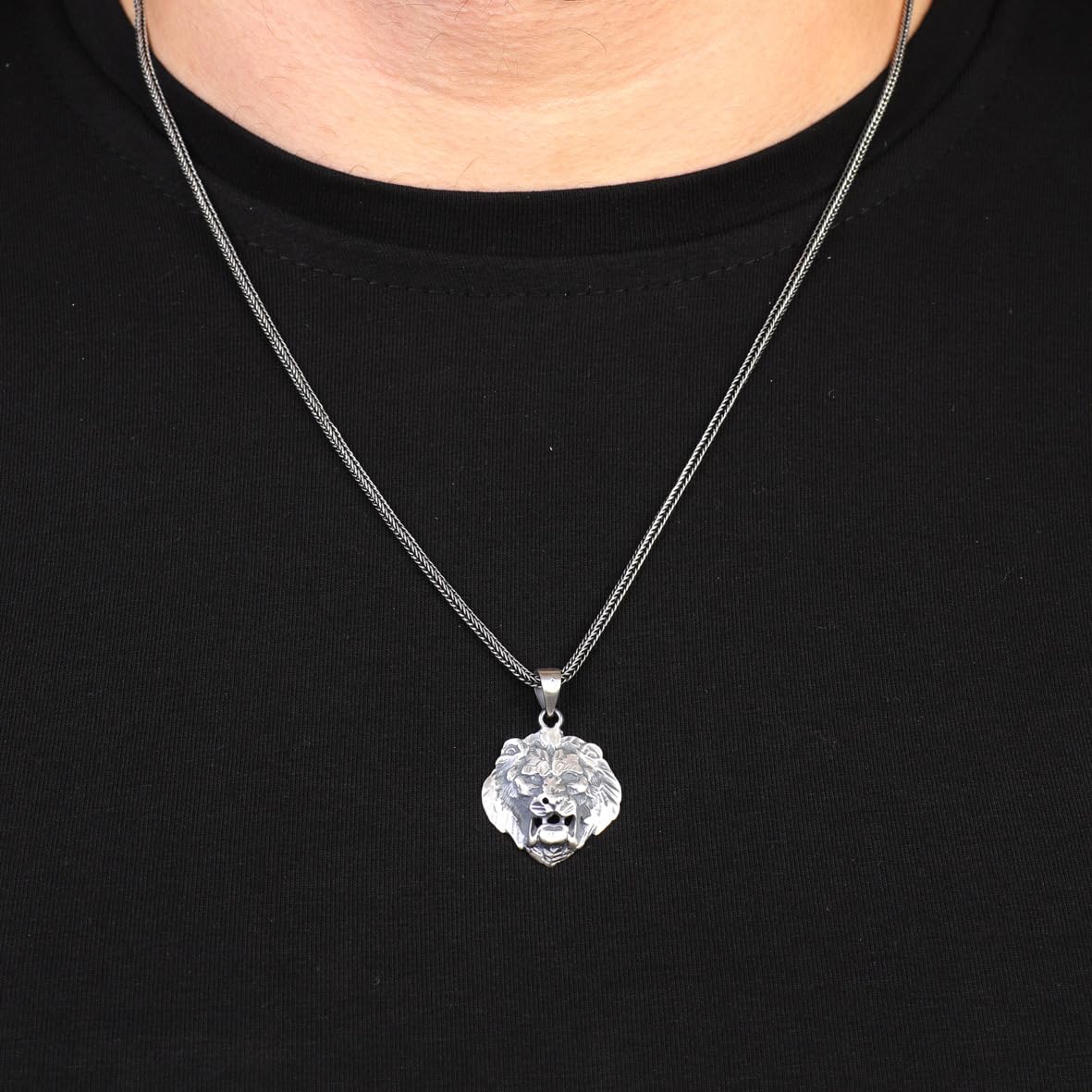 Gothic Lion Pendant Necklace for Men - Sterling Silver Biker Necklace with Silver Chain & Cleaning Cloth Gift