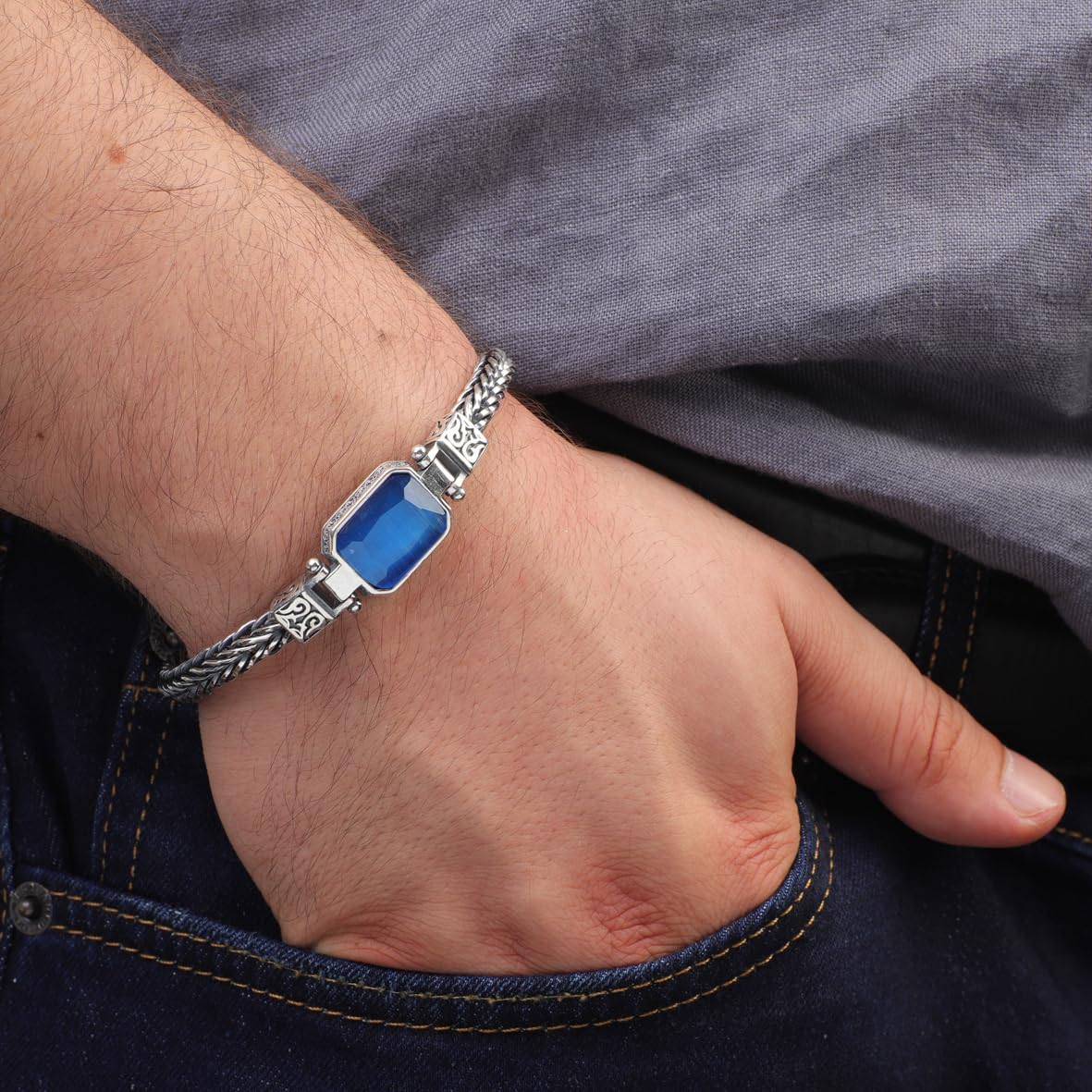 Aquamarine Gemstone Vintage Bracelet – Handmade Sterling Silver Gothic Chain Bracelet for Men – Personalized & Hand-Engraved