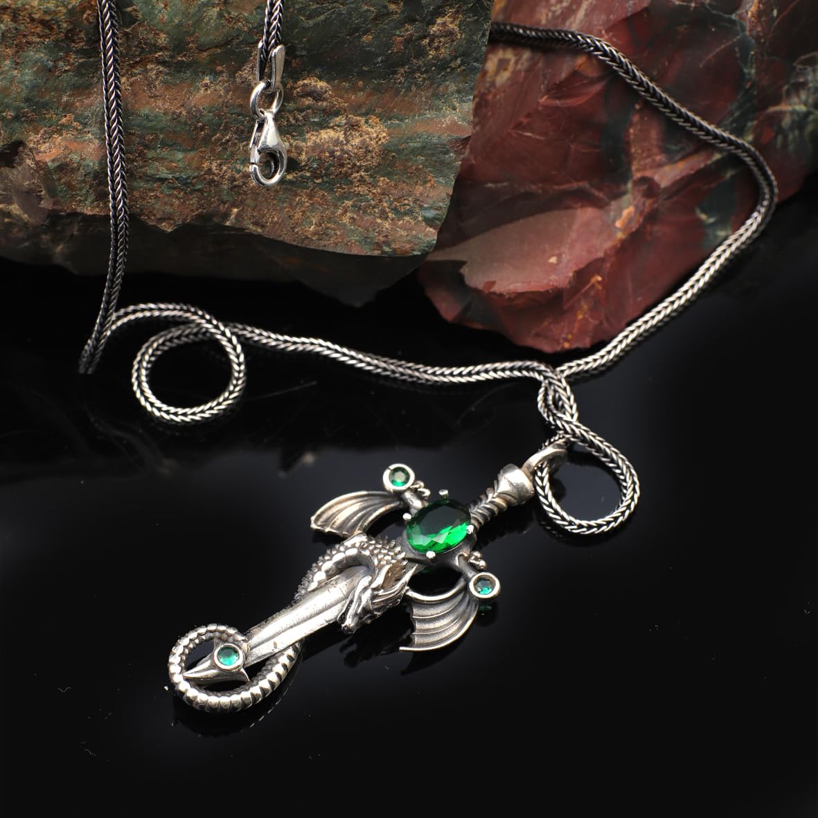 Dragon Necklace with Sword and Emerald Pendant – Sterling Silver Mens Necklace – Gothic Silver Chain Biker Pendant – Handmade Silver Jewelry