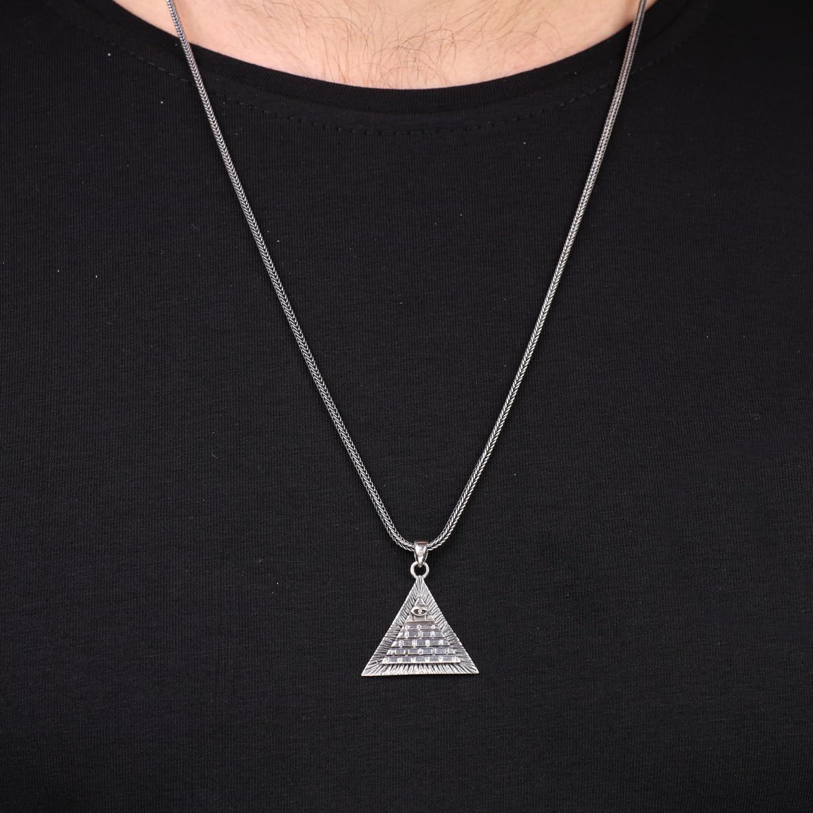 Men's Sterling Silver Eye of Horus Necklace with Pyramid Pendant and Silver Chain - Ancient Egyptian Symbol - Birthday Gifts