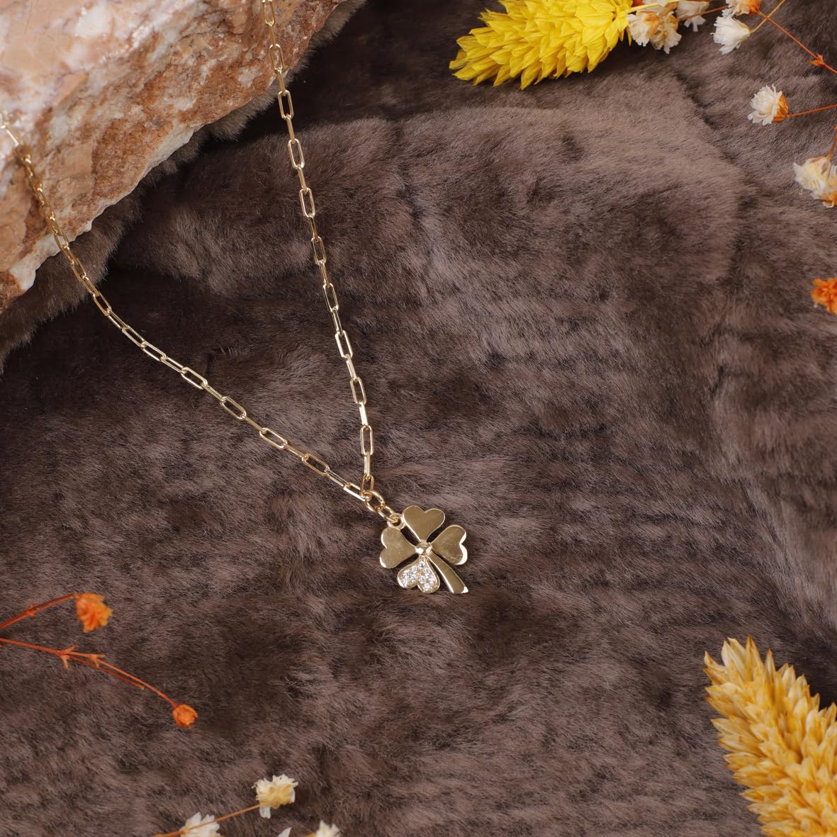 Four-Leaf Clover Necklace with Zircon Stone - Sterling Silver Necklace for Women - Four-Leaf Clover Necklace with Gold & Zircon Accents - Birthday Gifts for Women