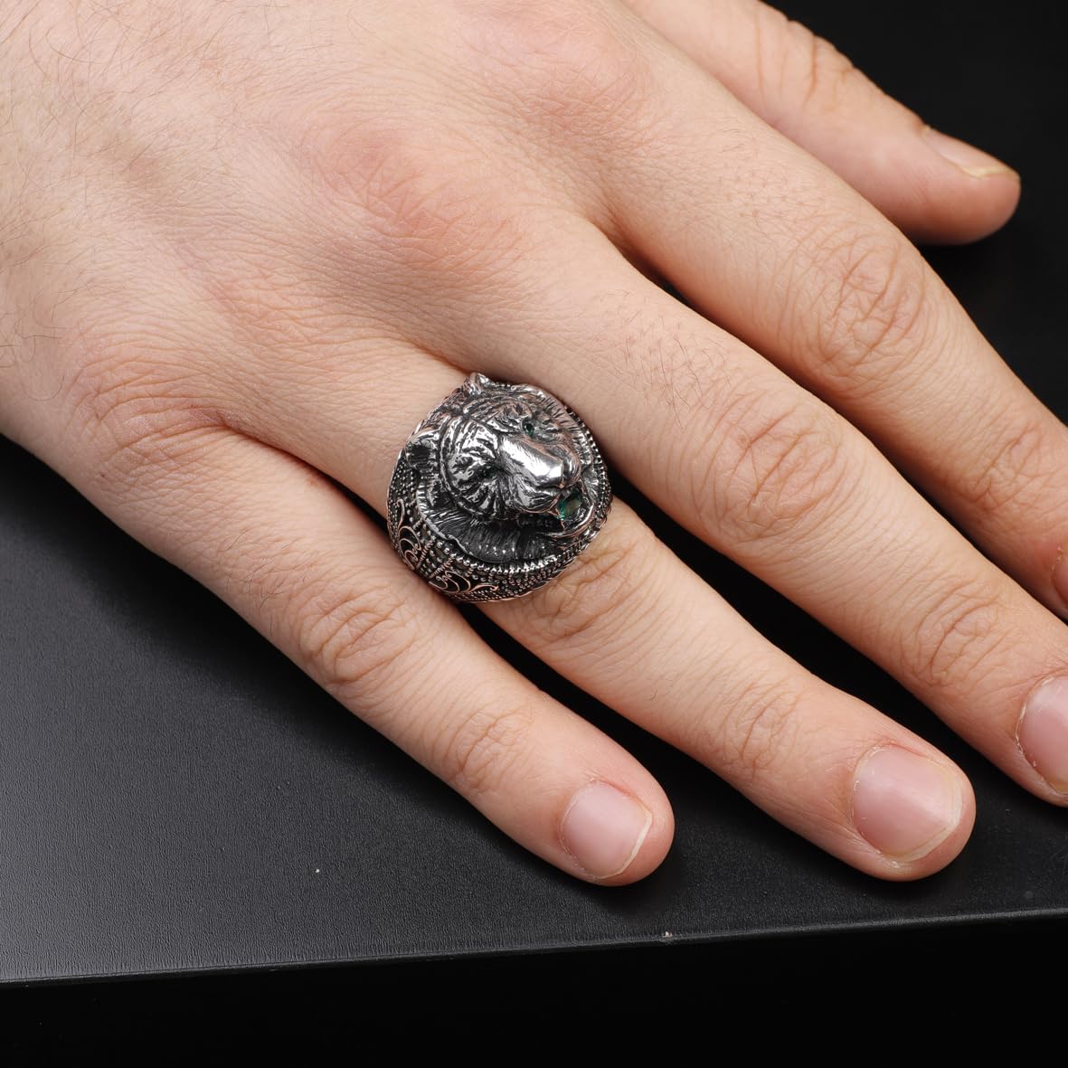 Handmade 3D Tiger Ring in 925 Sterling Silver with Jade Gemstone - Men's Animal Jewelry