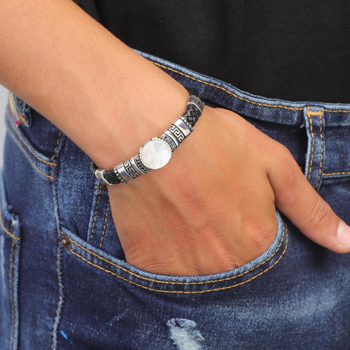 Men's Leather Bracelet with Silver Natural Mother of Pearl Stone – Handmade Vintage Bracelet in Sterling Silver