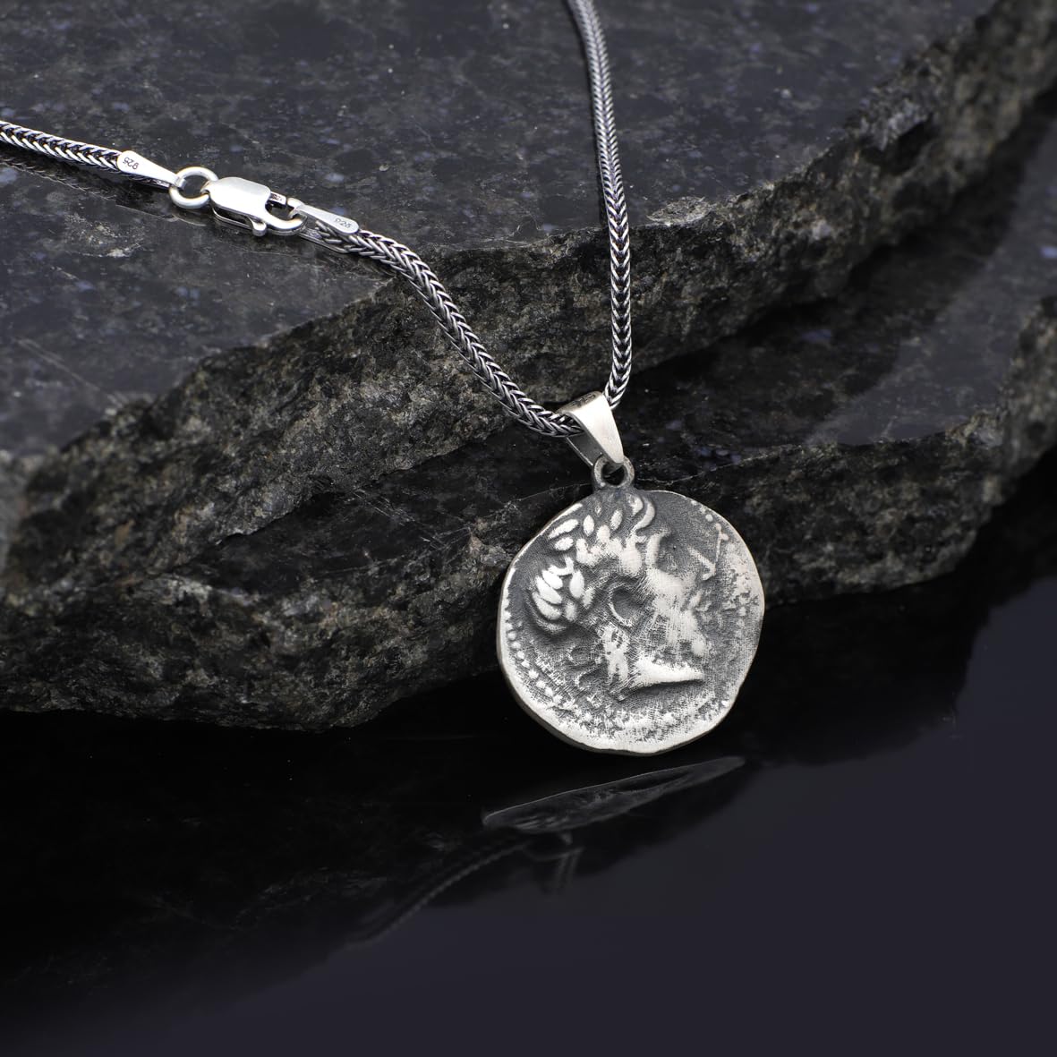 Sterling Silver Men's Mythology Necklace with Antique Caesar Coin Pendant and Silver Chain - Birthday Gifts