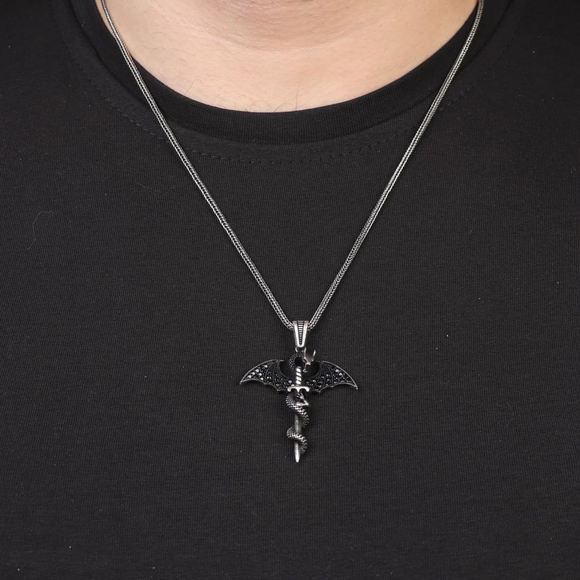 Sterling Silver Dragon Necklace with Sword Pendant – Gothic Mens Necklace with Silver Chain – Handmade Silver Necklace & Mens Pendant