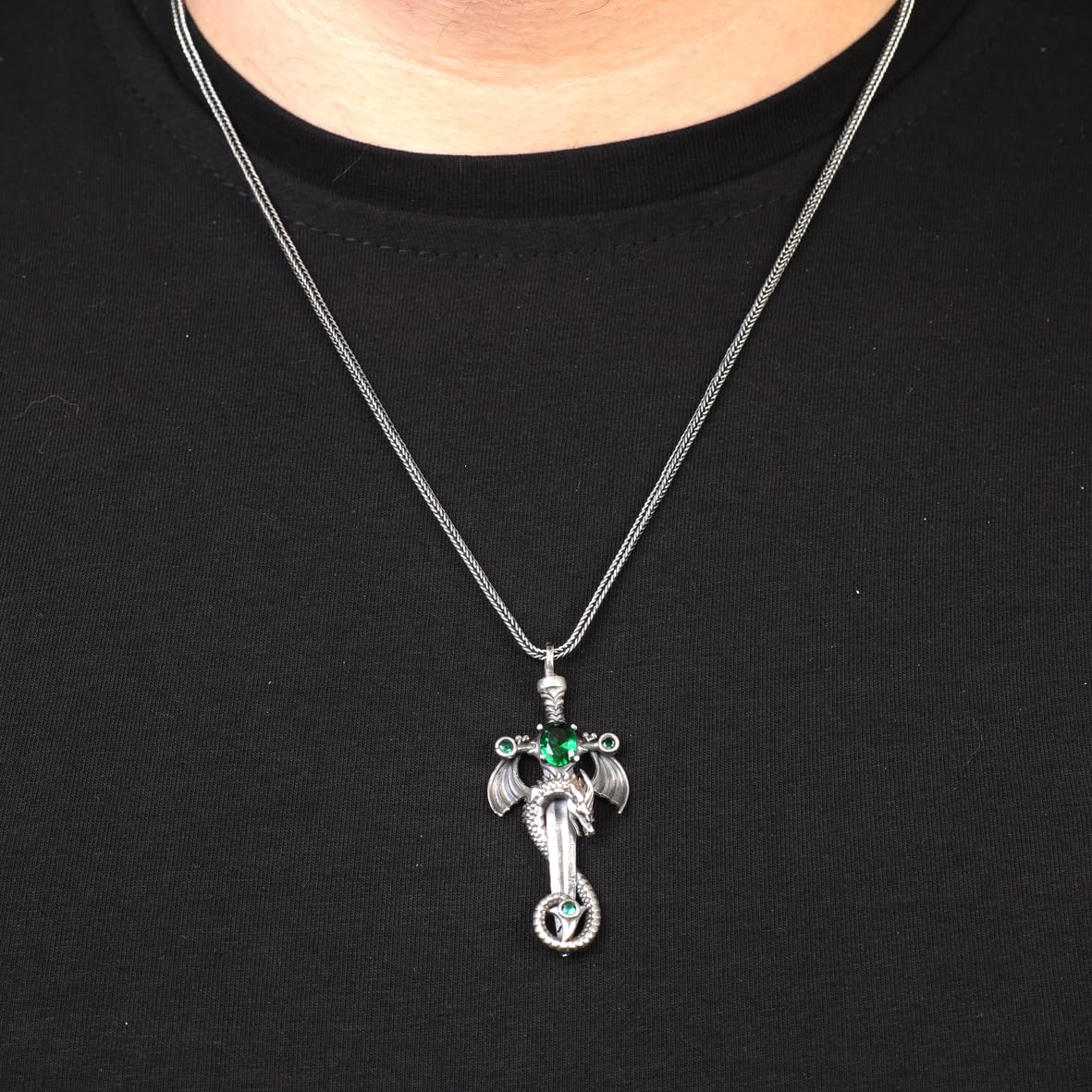 Dragon Necklace with Sword and Emerald Pendant – Sterling Silver Mens Necklace – Gothic Silver Chain Biker Pendant – Handmade Silver Jewelry