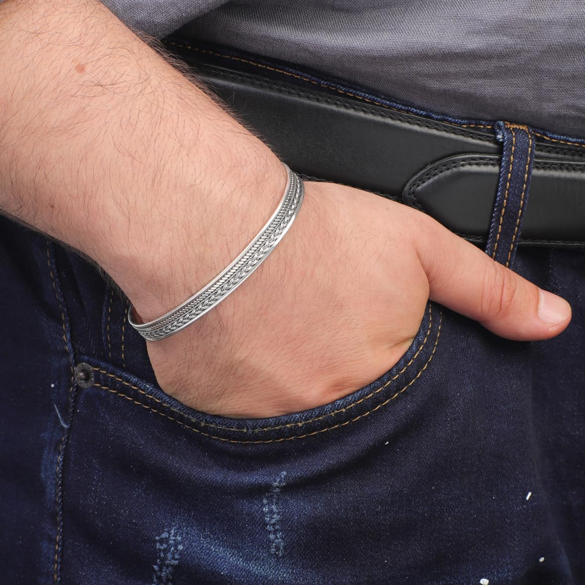 Handmade Silver Cuff Bracelet for Men – Thick Sterling Silver Band with Embroidered Vintage Design