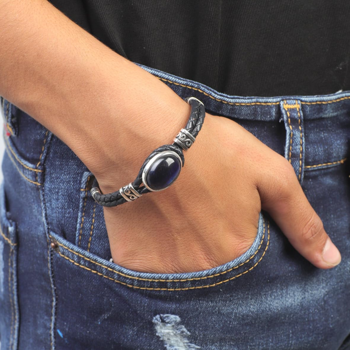 Vintage Men’s Leather Bracelet with Blue Tiger Eye Gemstone – Sterling Silver