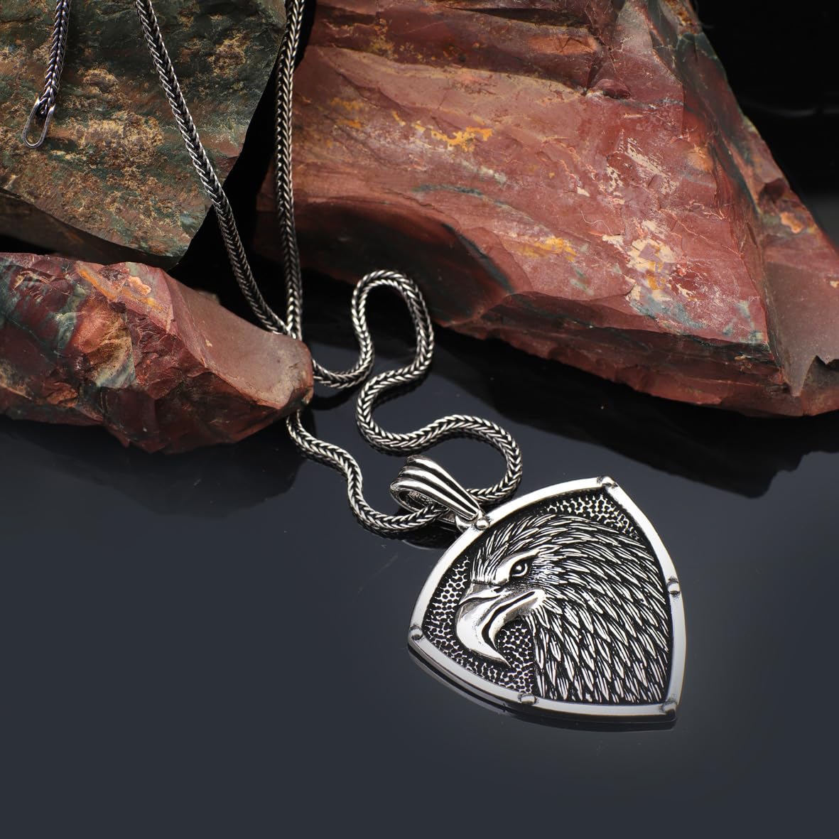American Eagle Necklace - Sterling Silver Mens Pendant on Silver Chain - Gothic Biker Necklace - Silver Cleaning Cloth Gift