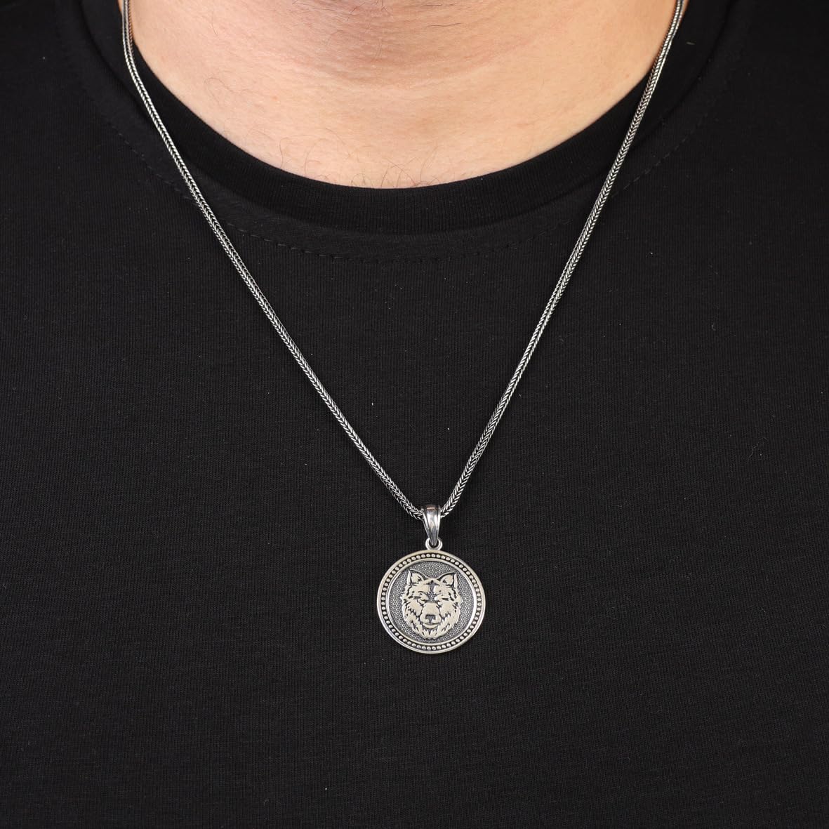 Sterling Silver Wolf Necklace - Gothic Biker Animal Pendant for Men with Silver Chain & Cleaning Cloth Gift - Men’s Wolf Pendant Necklace