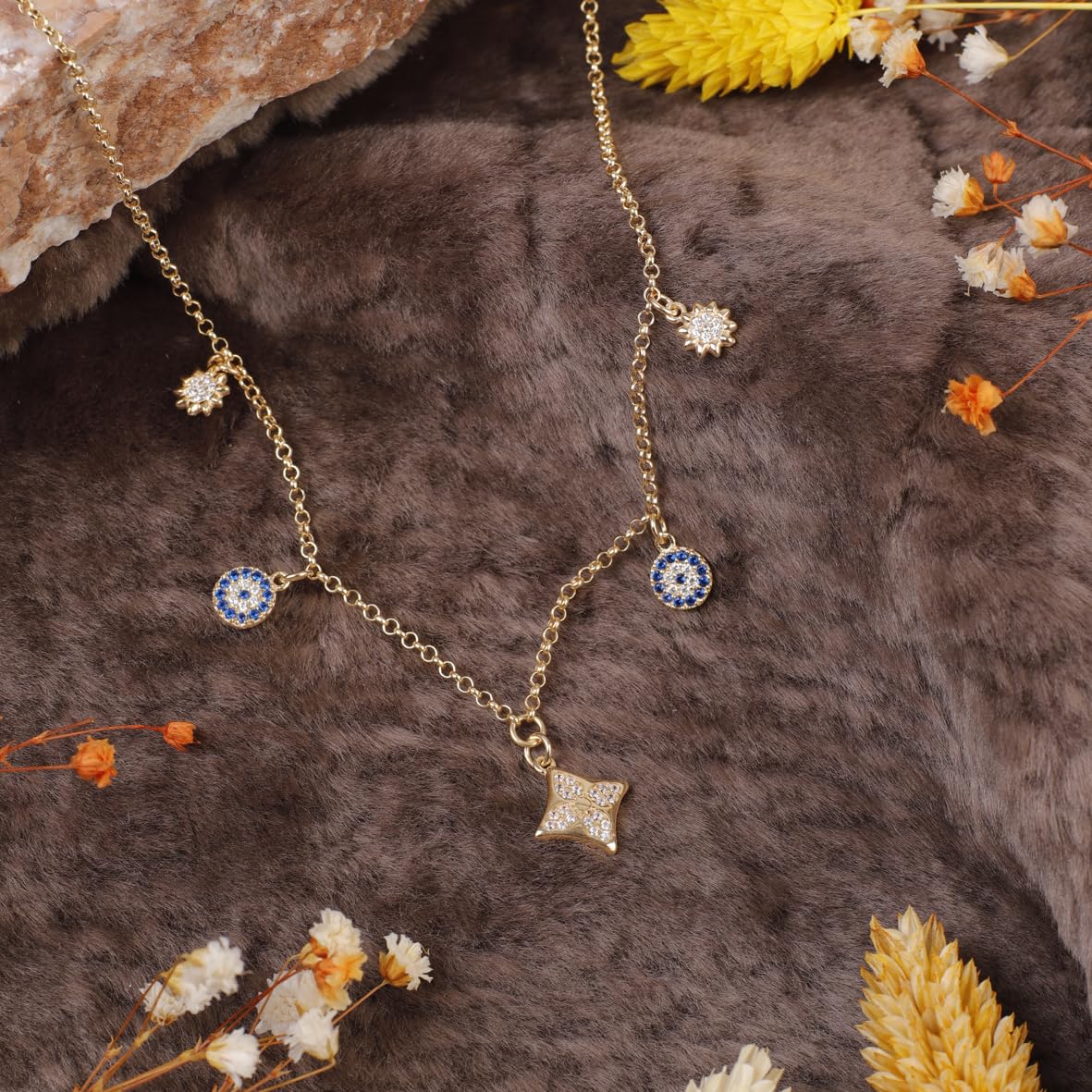 Evil Eye and Sun Necklace in Gold Plated Jewelry Collection for Women - Sterling Silver Evil Eye and Sun Necklace for Women - Aesthetic Charm