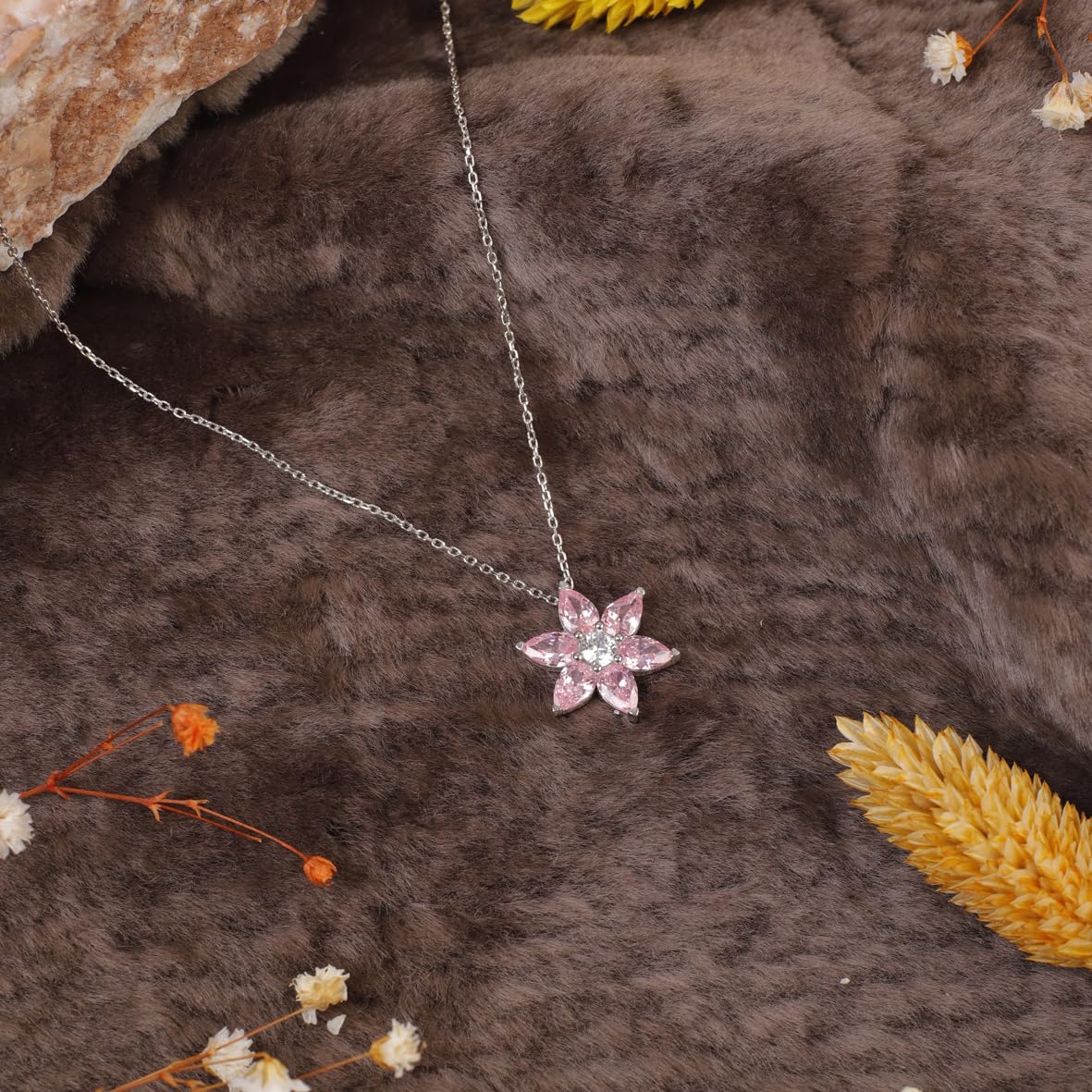 Flower and Rose Quartz Necklace on Sterling Silver - Cute Flower Pendant in Sterling Silver for Women - Birthday Gifts for Women